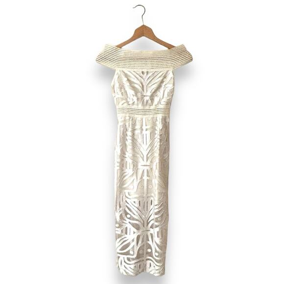 Alice McCall Lunar Eclipse Midi Dress Off Shoulder Mesh Devoré Oatmeal 0 Women’s - Picture 3 of 13